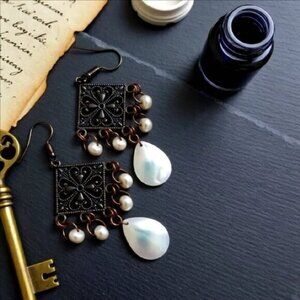 Sleek Chic Robust Feminine Girly Elegant Rustic Copper & MOP + Pearl Earrings
